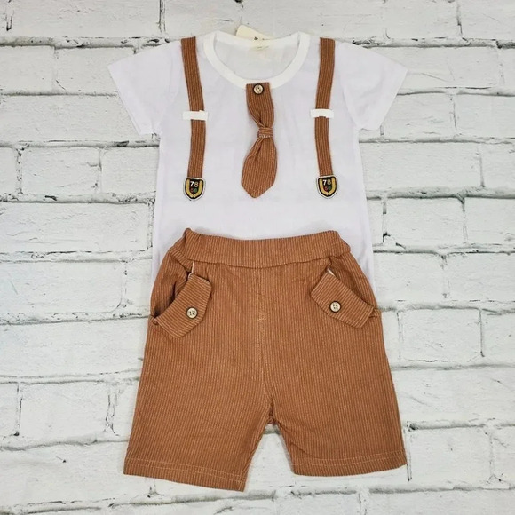 2T Brown Faux Suit Shorts Baby Boys 2 pcs Outfit. T-Shirt and Shorts Set - Picture 2 of 12